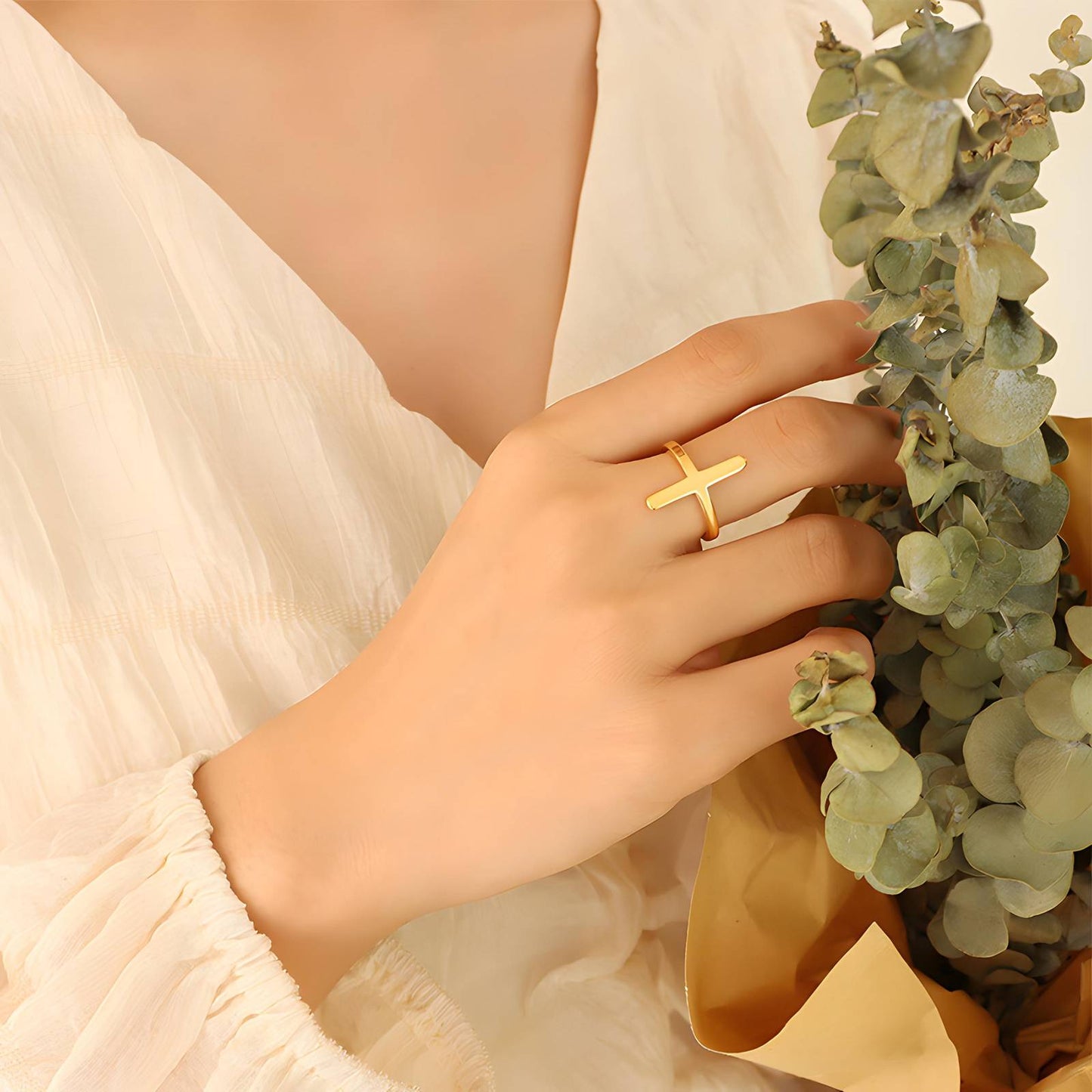 18K gold plated Stainless steel Cross finger ring, Intensity